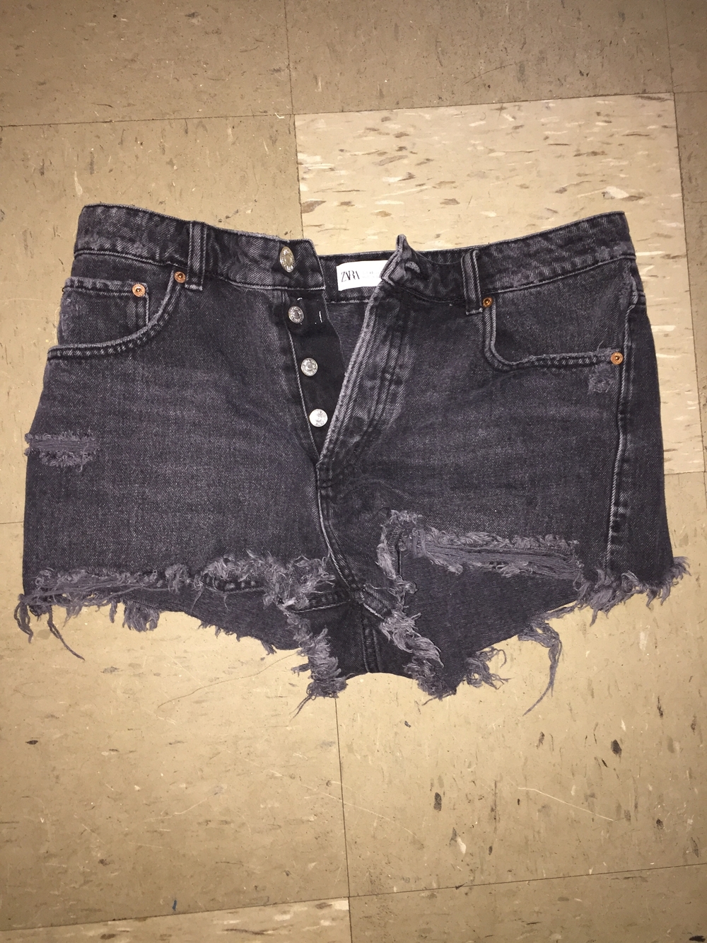 Zara Black Distressed Button-Front Denim Shorts